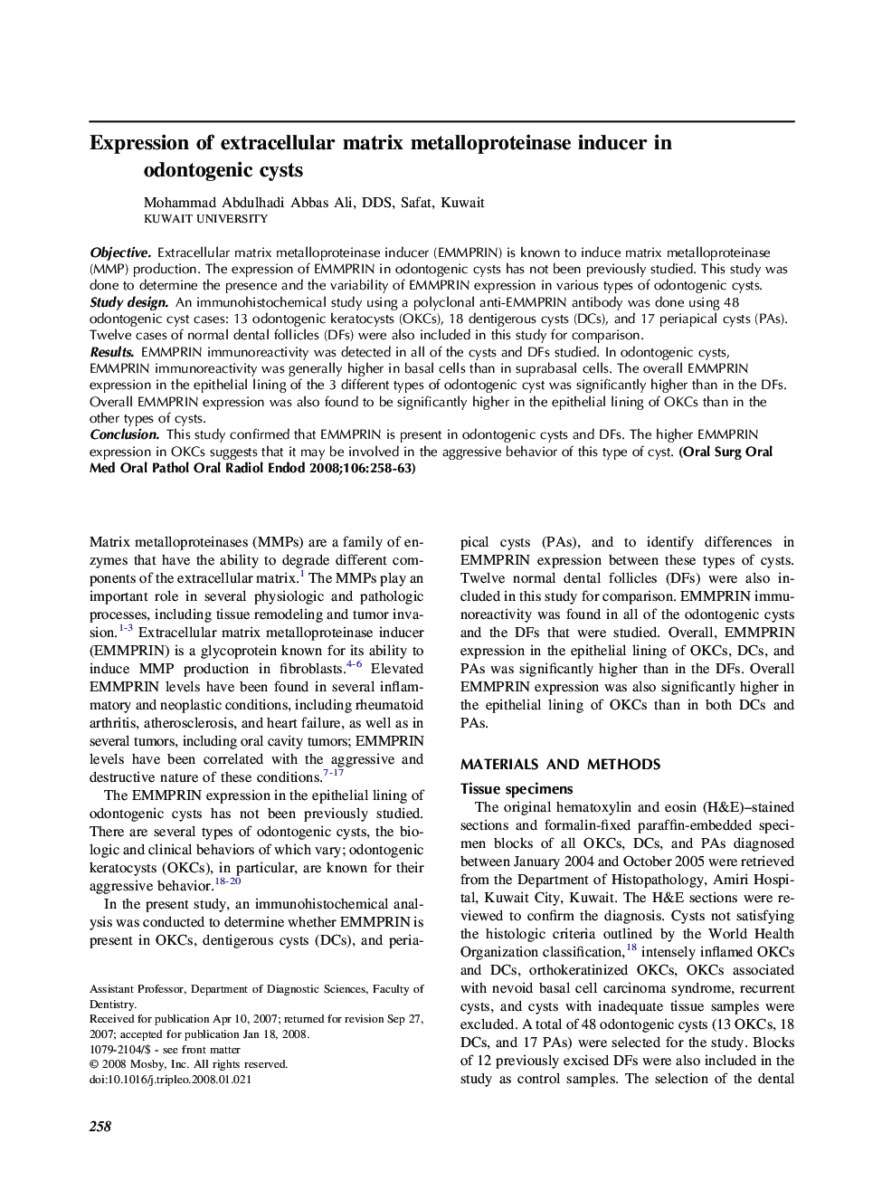 Expression of extracellular matrix metalloproteinase inducer in odontogenic cysts