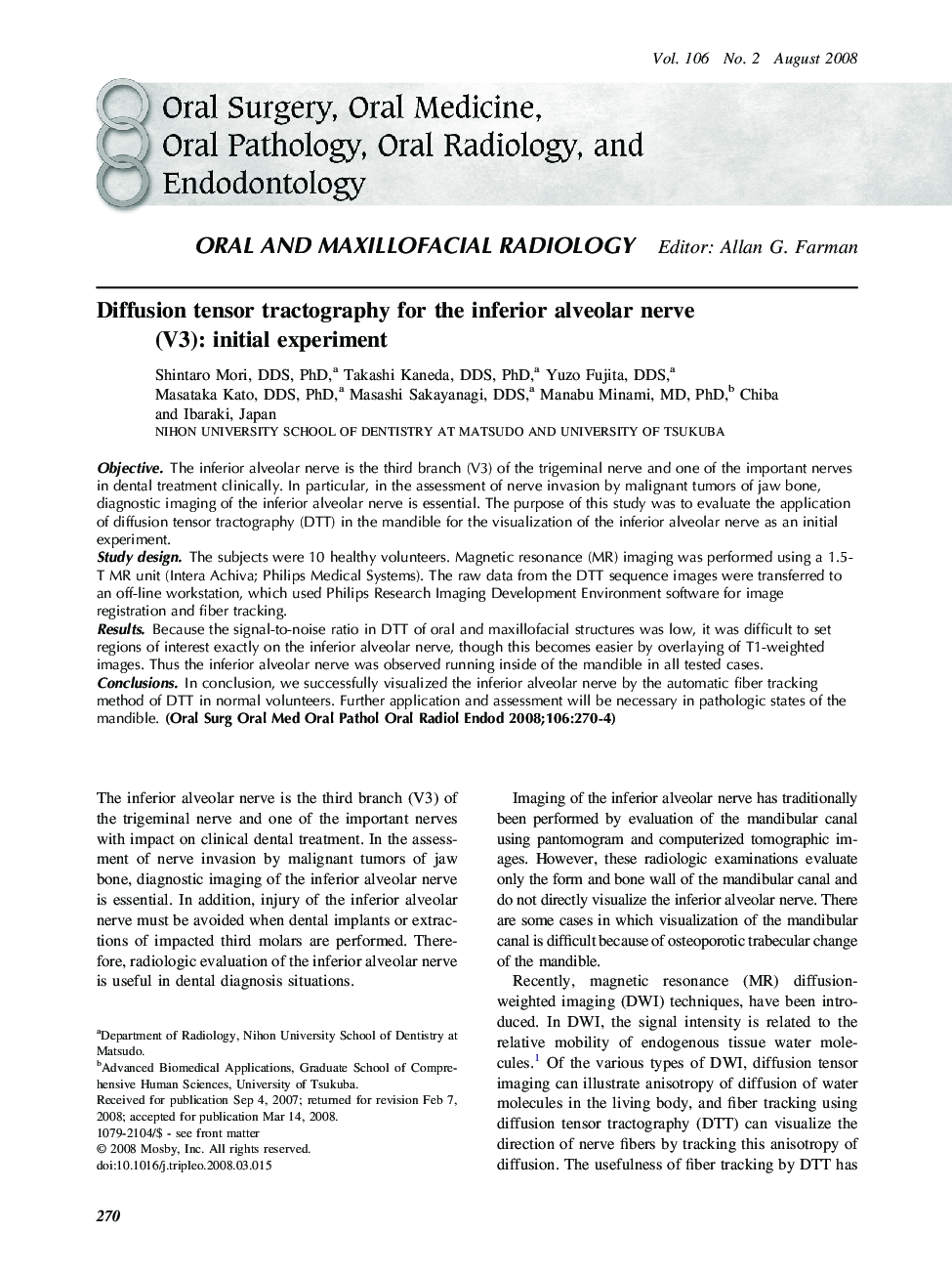 Diffusion tensor tractography for the inferior alveolar nerve (V3): initial experiment