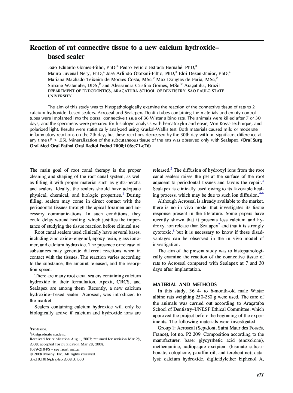 Reaction of rat connective tissue to a new calcium hydroxide–based sealer