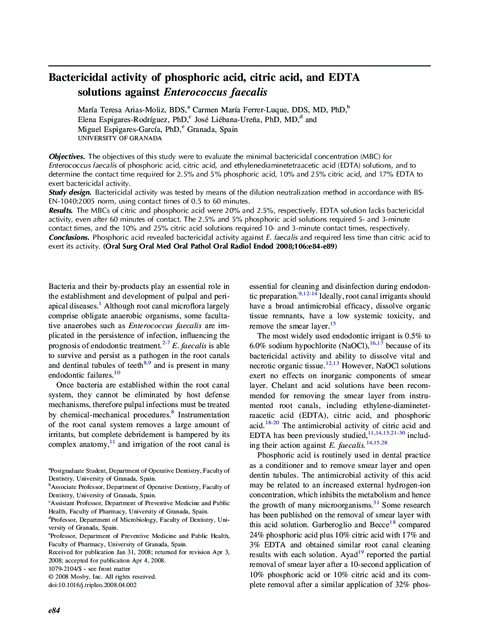 Bactericidal activity of phosphoric acid, citric acid, and EDTA solutions against Enterococcus faecalis