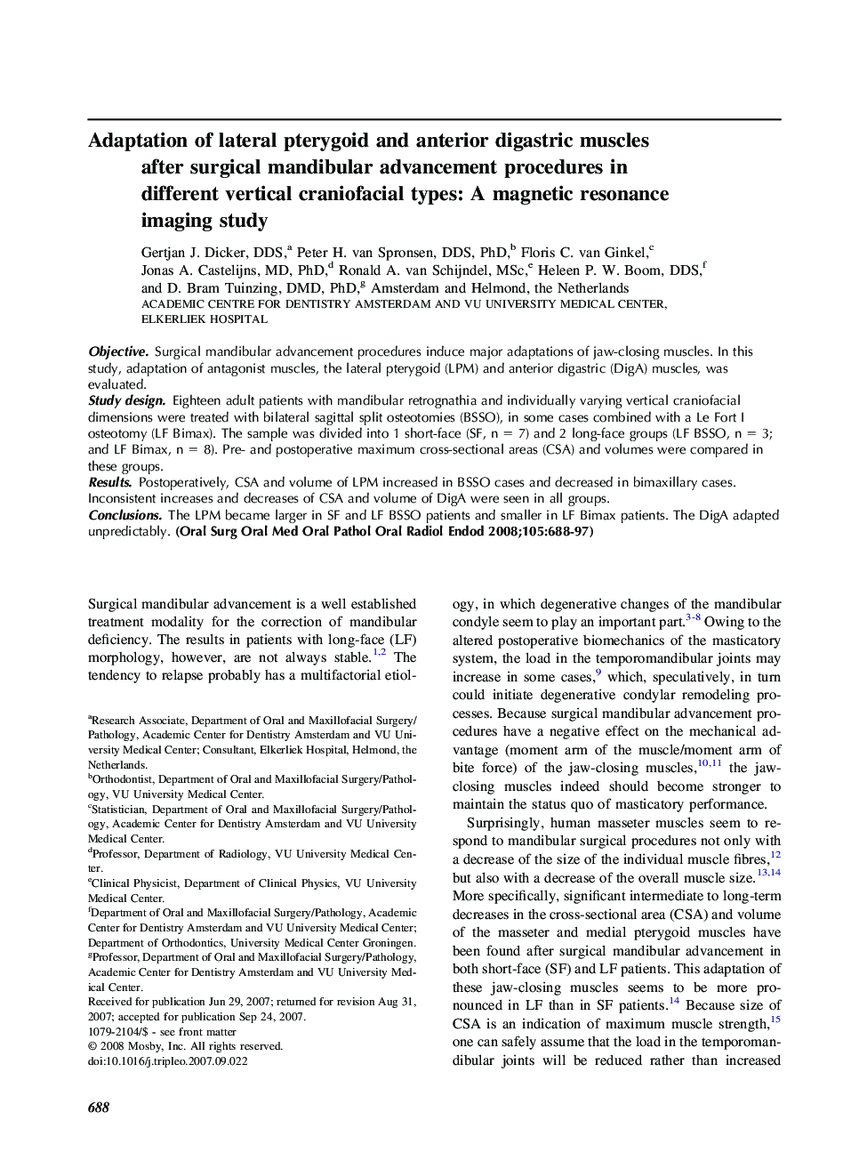 Adaptation of lateral pterygoid and anterior digastric muscles after surgical mandibular advancement procedures in different vertical craniofacial types: A magnetic resonance imaging study