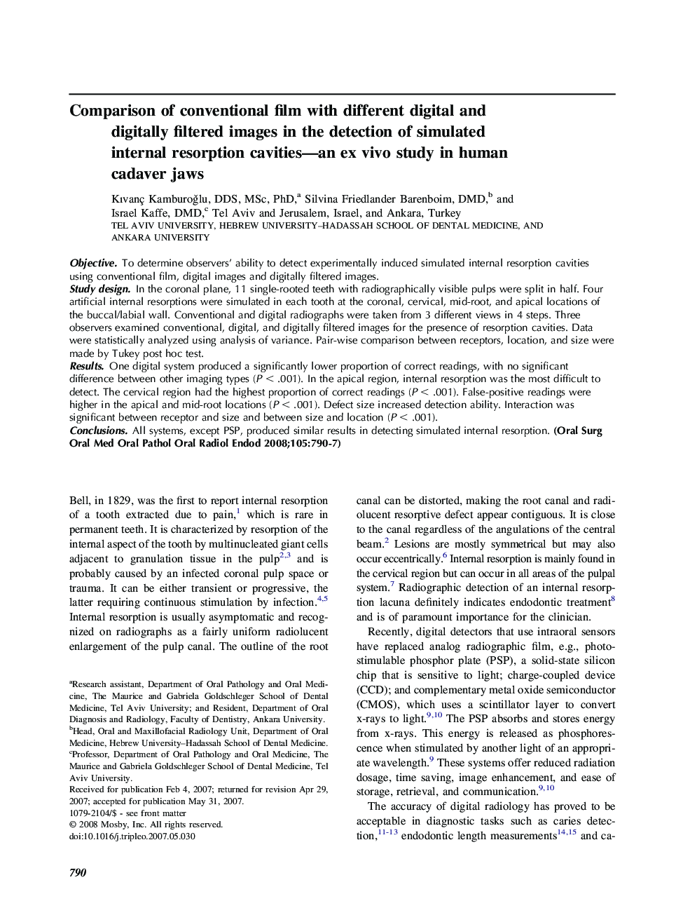 Comparison of conventional film with different digital and digitally filtered images in the detection of simulated internal resorption cavities—an ex vivo study in human cadaver jaws