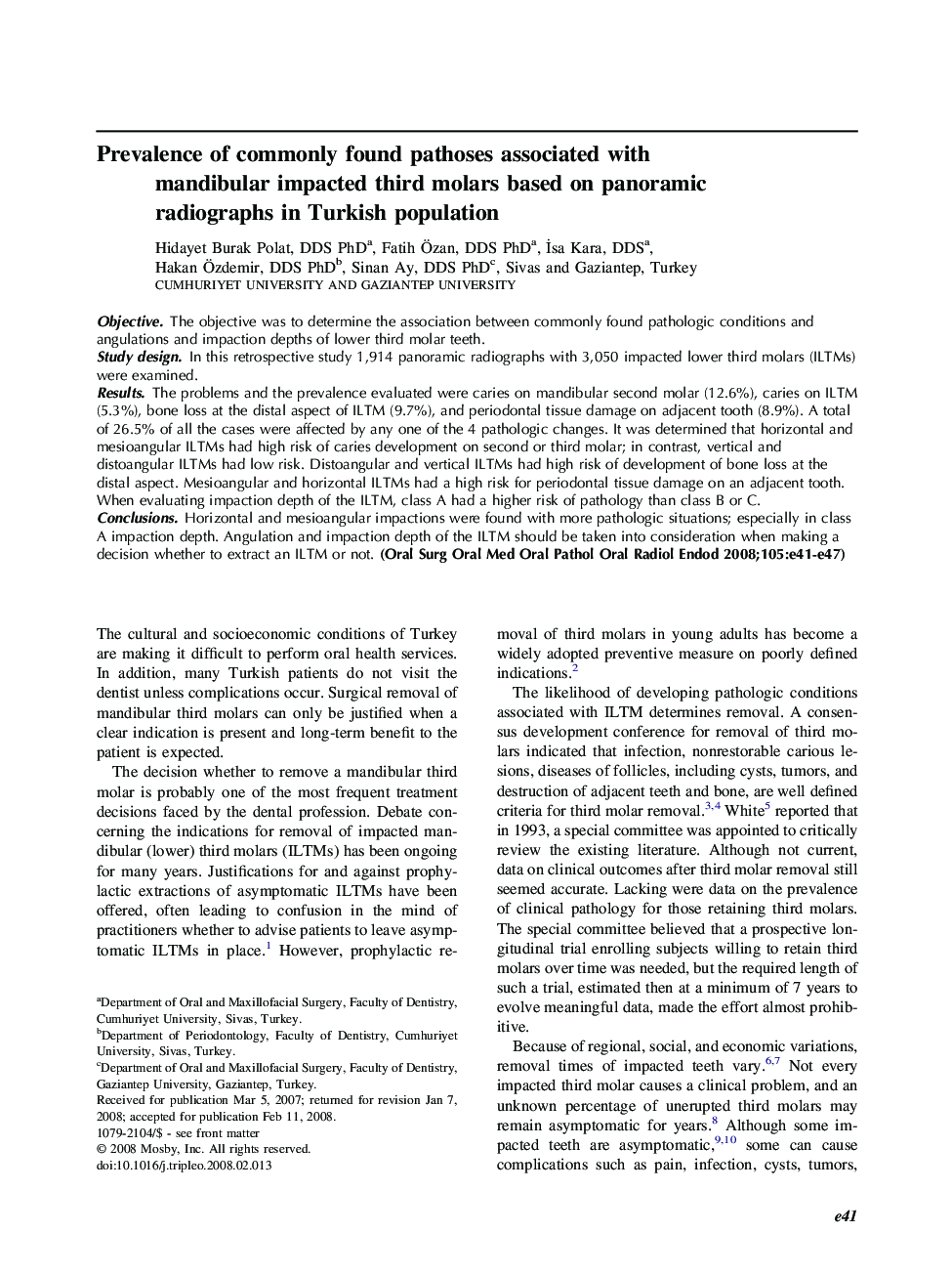 Prevalence of commonly found pathoses associated with mandibular impacted third molars based on panoramic radiographs in Turkish population