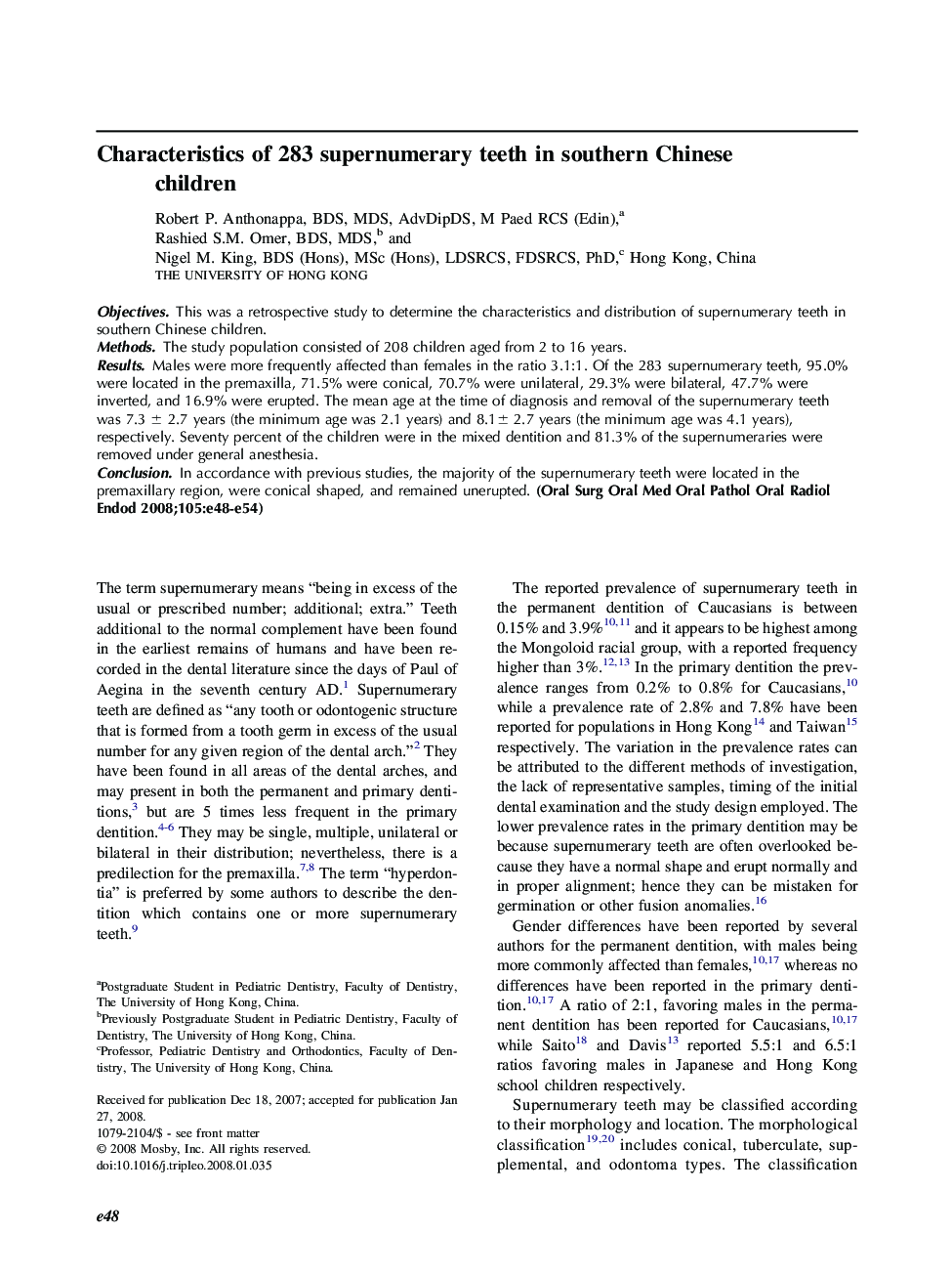 Characteristics of 283 supernumerary teeth in southern Chinese children