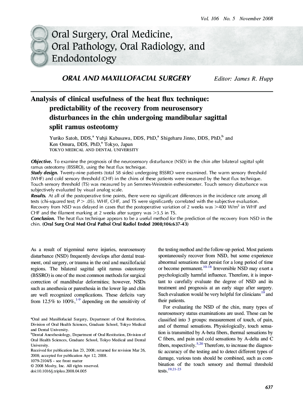 Analysis of clinical usefulness of the heat flux technique: predictability of the recovery from neurosensory disturbances in the chin undergoing mandibular sagittal split ramus osteotomy