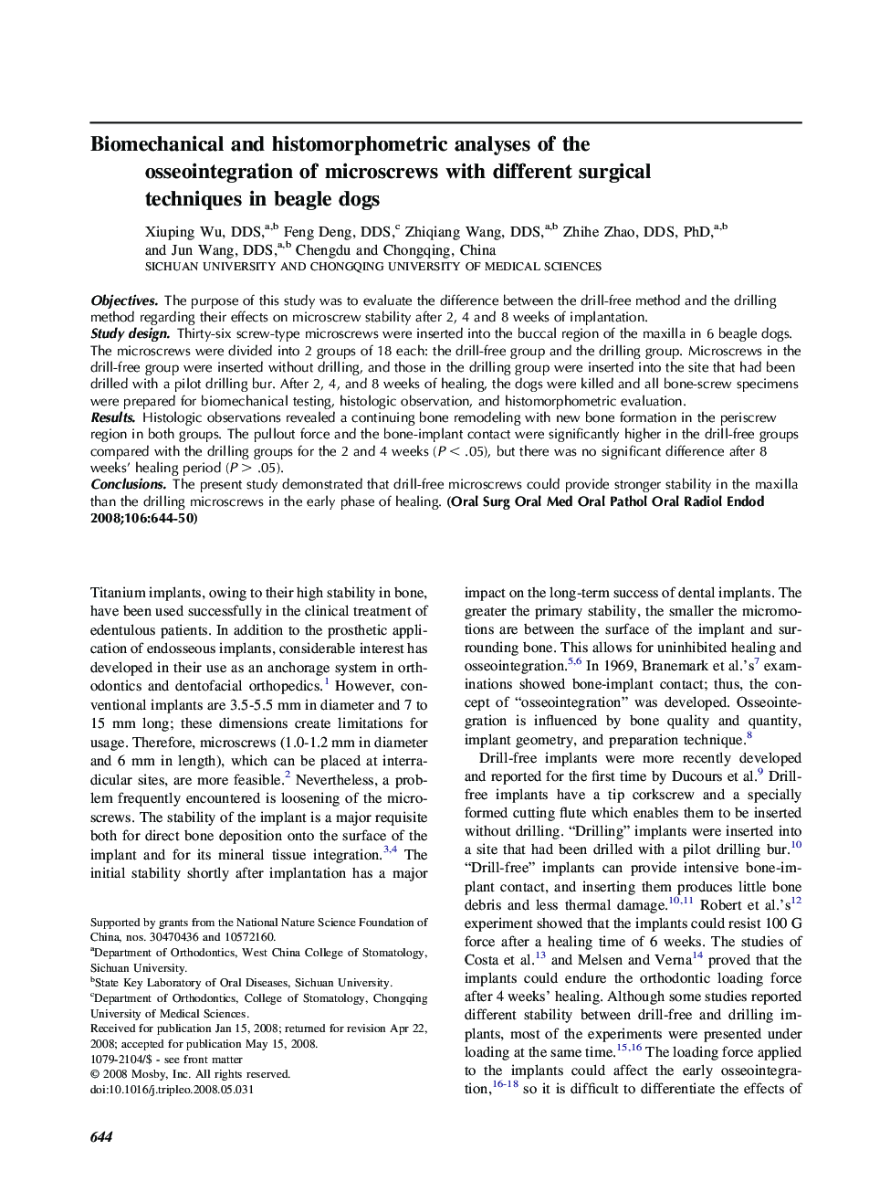 Biomechanical and histomorphometric analyses of the osseointegration of microscrews with different surgical techniques in beagle dogs 