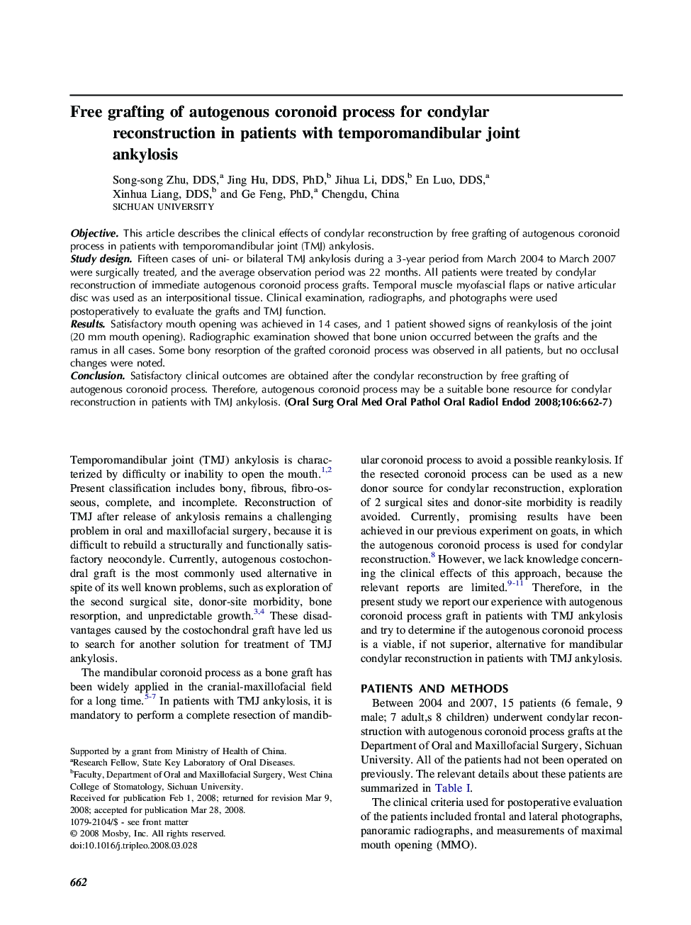 Free grafting of autogenous coronoid process for condylar reconstruction in patients with temporomandibular joint ankylosis 