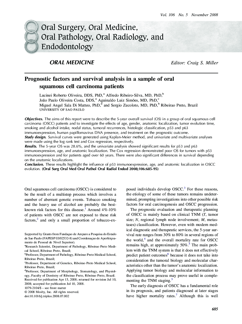 Prognostic factors and survival analysis in a sample of oral squamous cell carcinoma patients 