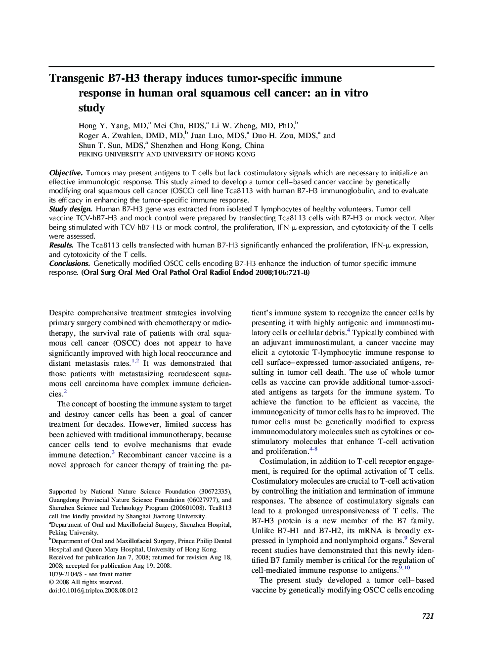 Transgenic B7-H3 therapy induces tumor-specific immune response in human oral squamous cell cancer: an in vitro study 