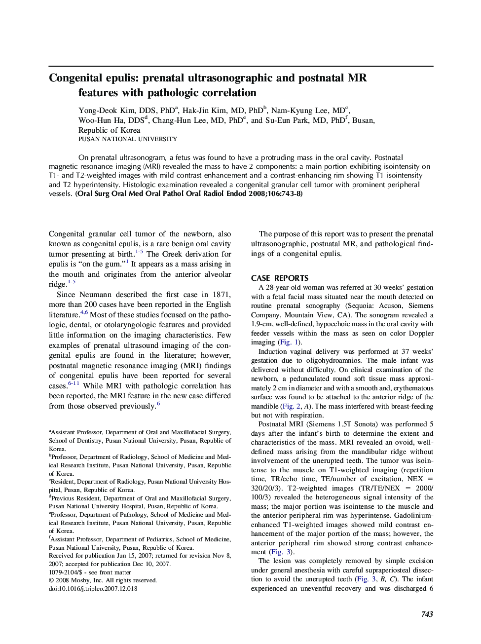 Congenital epulis: prenatal ultrasonographic and postnatal MR features with pathologic correlation