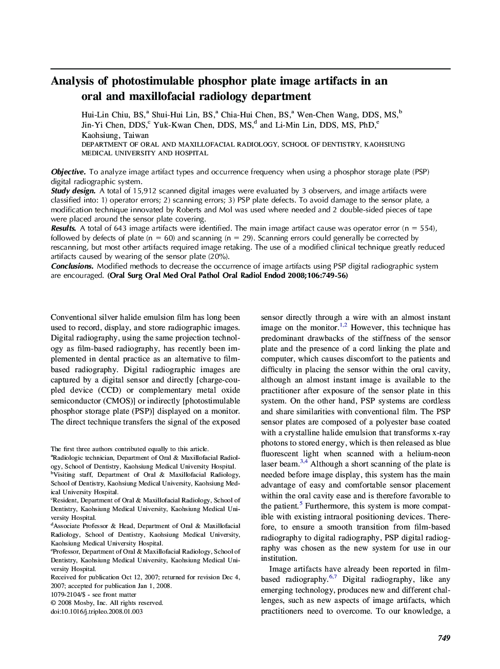 Analysis of photostimulable phosphor plate image artifacts in an oral and maxillofacial radiology department 