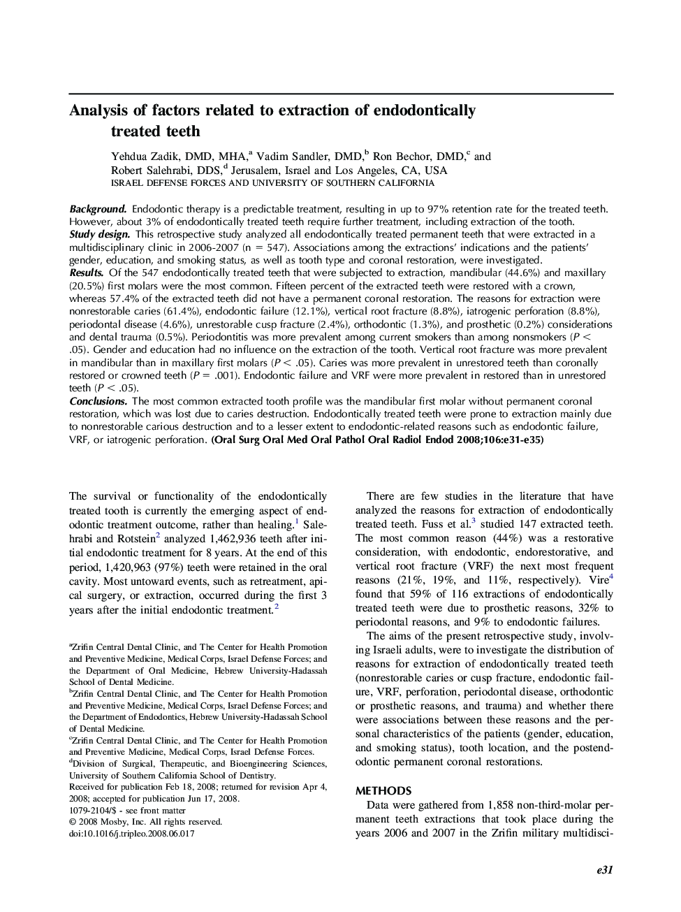 Analysis of factors related to extraction of endodontically treated teeth