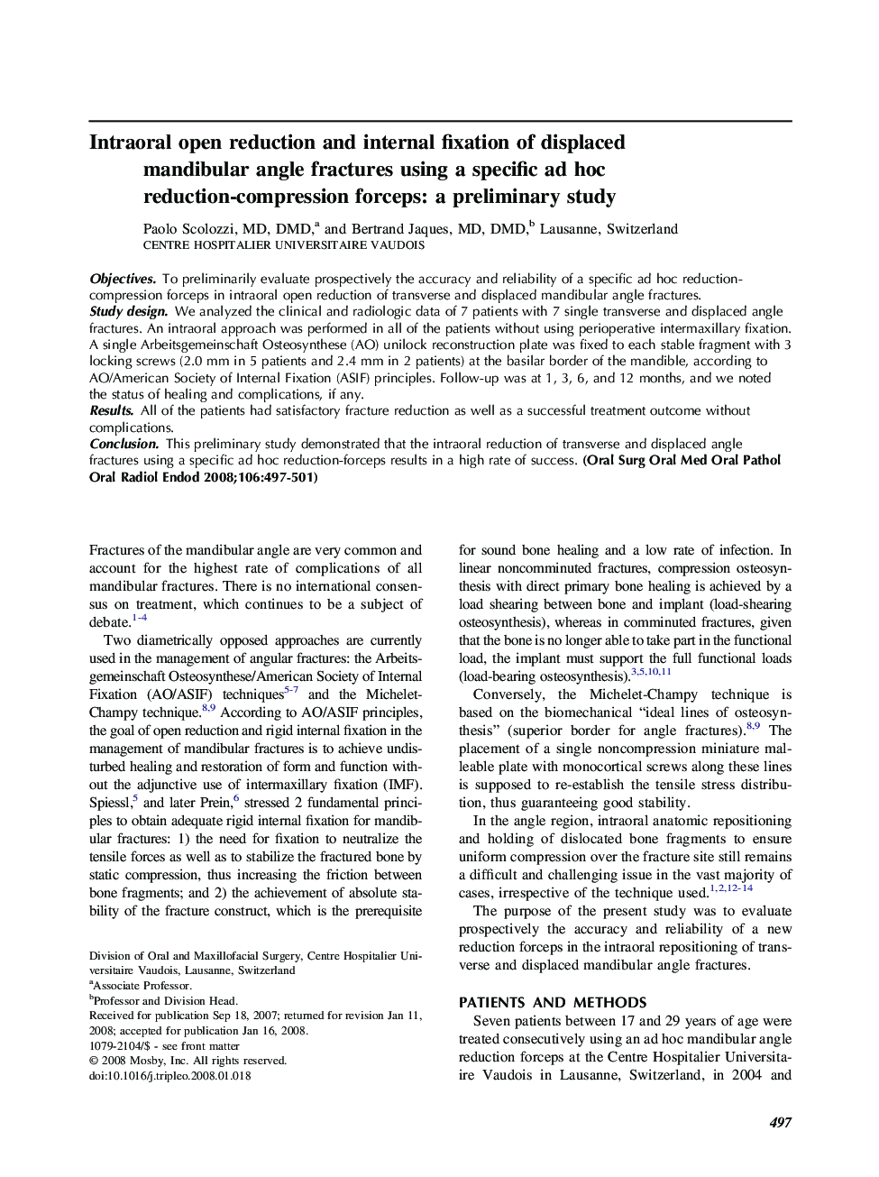 Intraoral open reduction and internal fixation of displaced mandibular angle fractures using a specific ad hoc reduction-compression forceps: a preliminary study