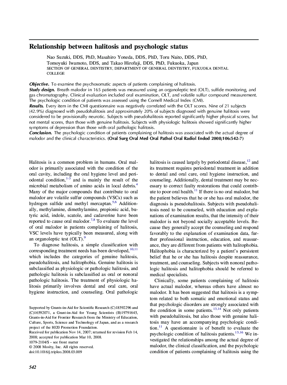 Relationship between halitosis and psychologic status 