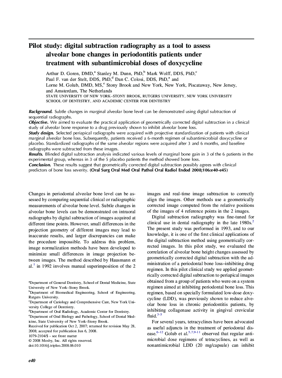 Pilot study: digital subtraction radiography as a tool to assess alveolar bone changes in periodontitis patients under treatment with subantimicrobial doses of doxycycline