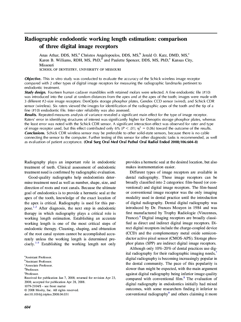 Radiographic endodontic working length estimation: comparison of three digital image receptors