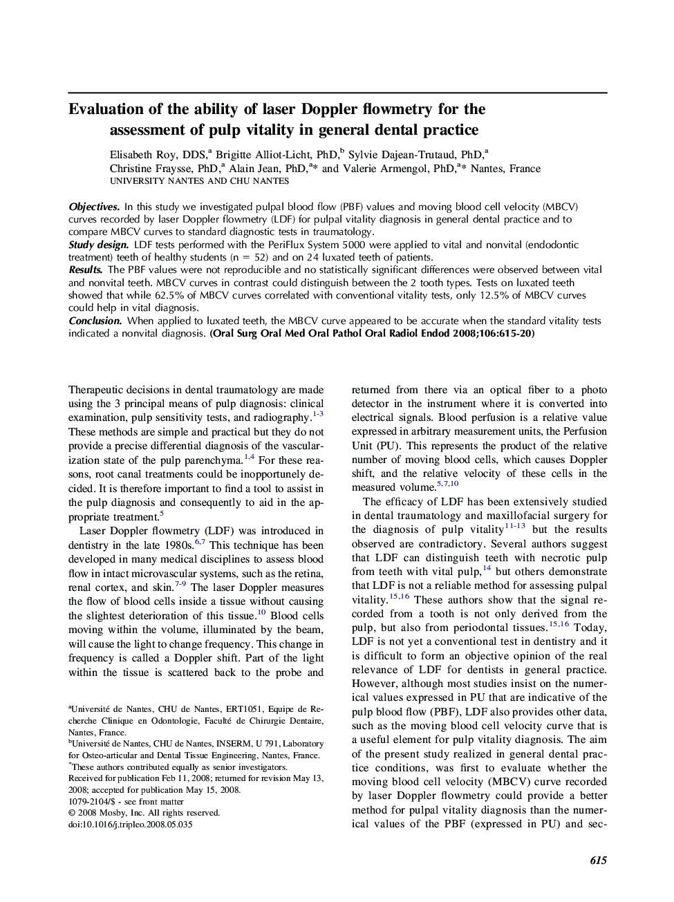 Evaluation of the ability of laser Doppler flowmetry for the assessment of pulp vitality in general dental practice