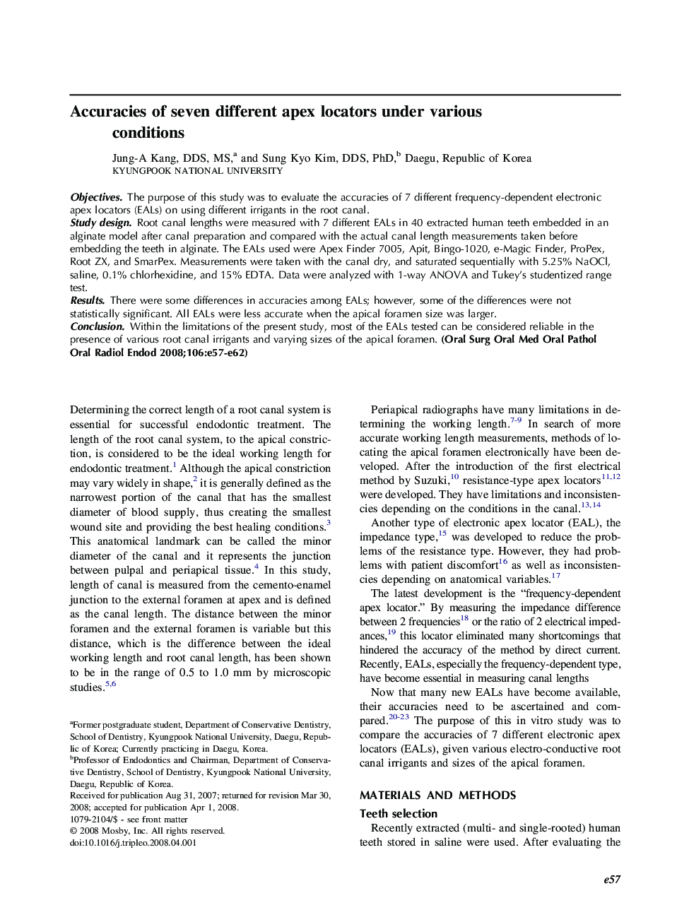 Accuracies of seven different apex locators under various conditions