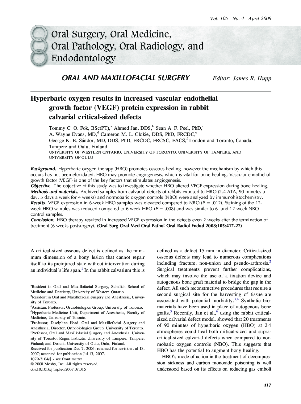 Hyperbaric oxygen results in increased vascular endothelial growth factor (VEGF) protein expression in rabbit calvarial critical-sized defects