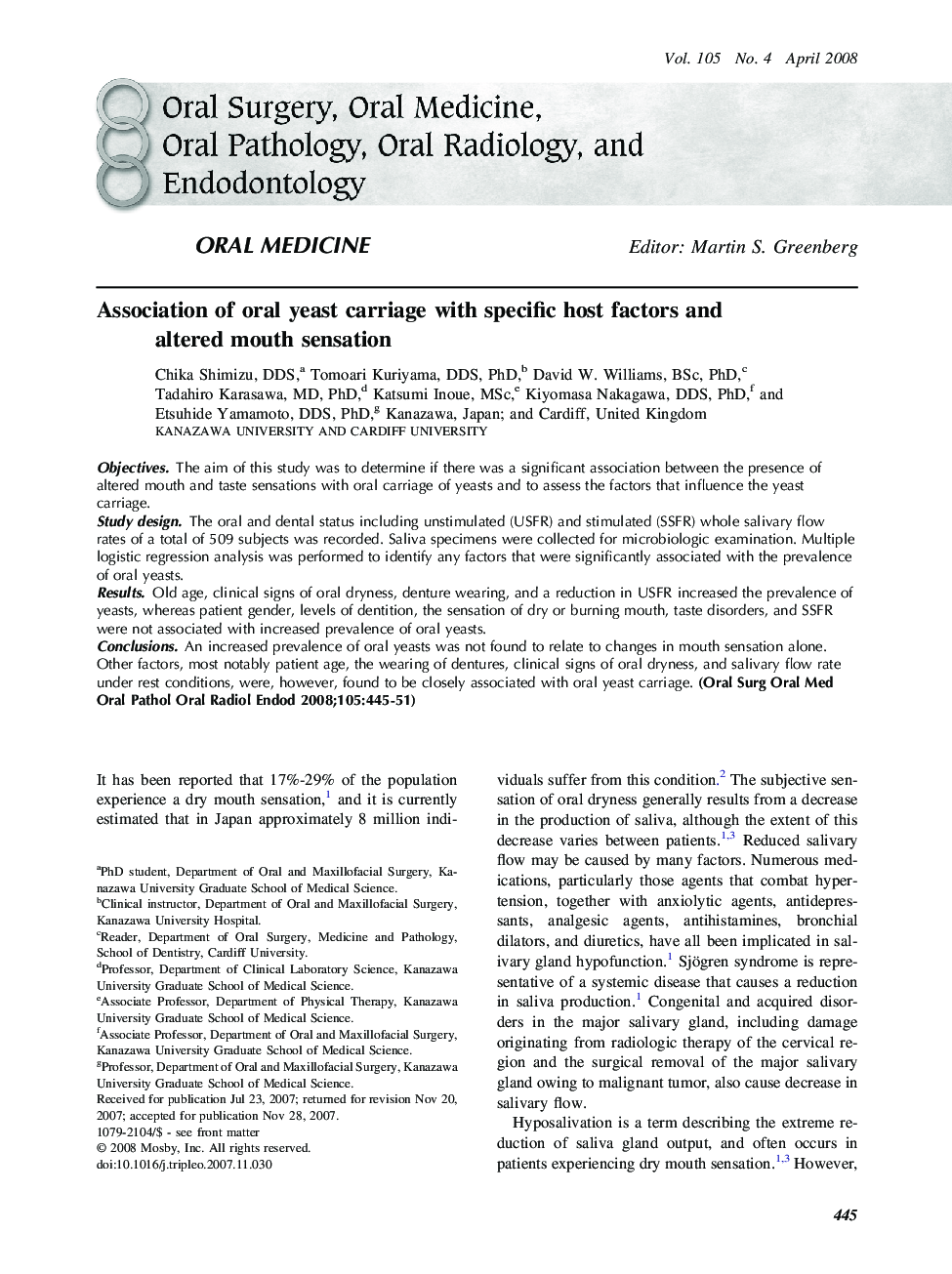 Association of oral yeast carriage with specific host factors and altered mouth sensation