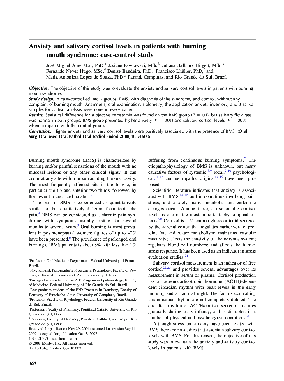 Anxiety and salivary cortisol levels in patients with burning mouth syndrome: case-control study