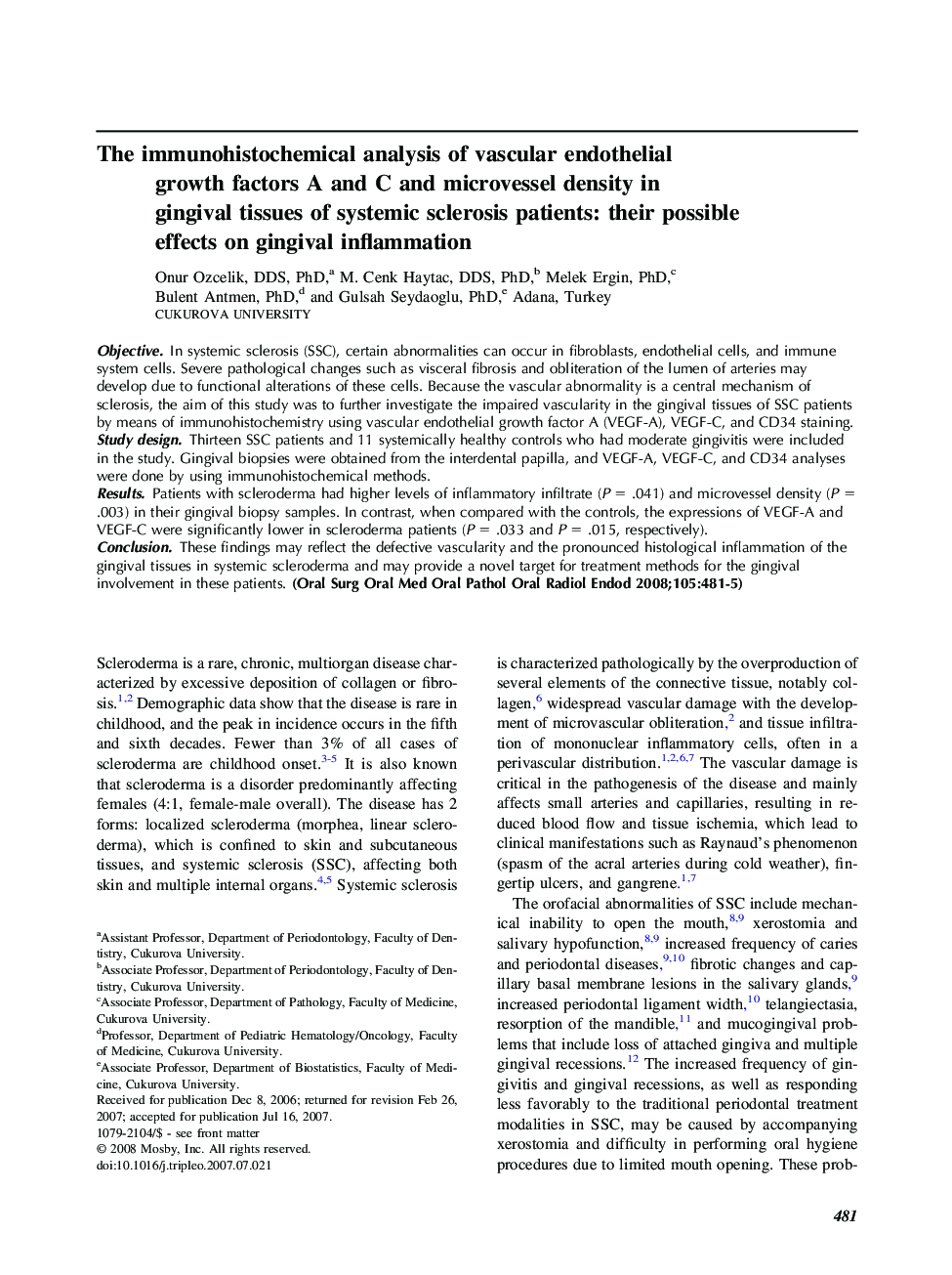 The immunohistochemical analysis of vascular endothelial growth factors A and C and microvessel density in gingival tissues of systemic sclerosis patients: their possible effects on gingival inflammation