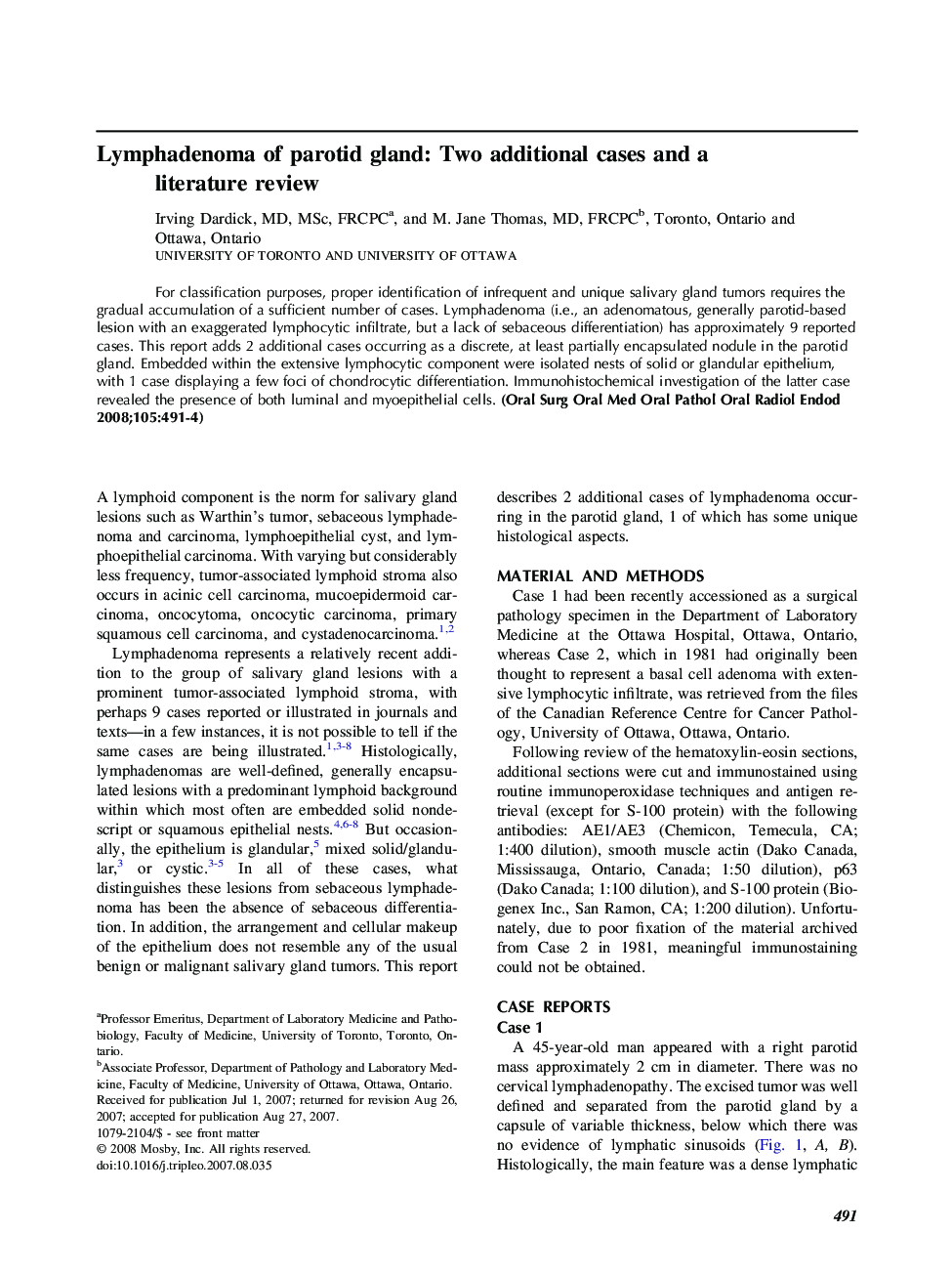 Lymphadenoma of parotid gland: Two additional cases and a literature review