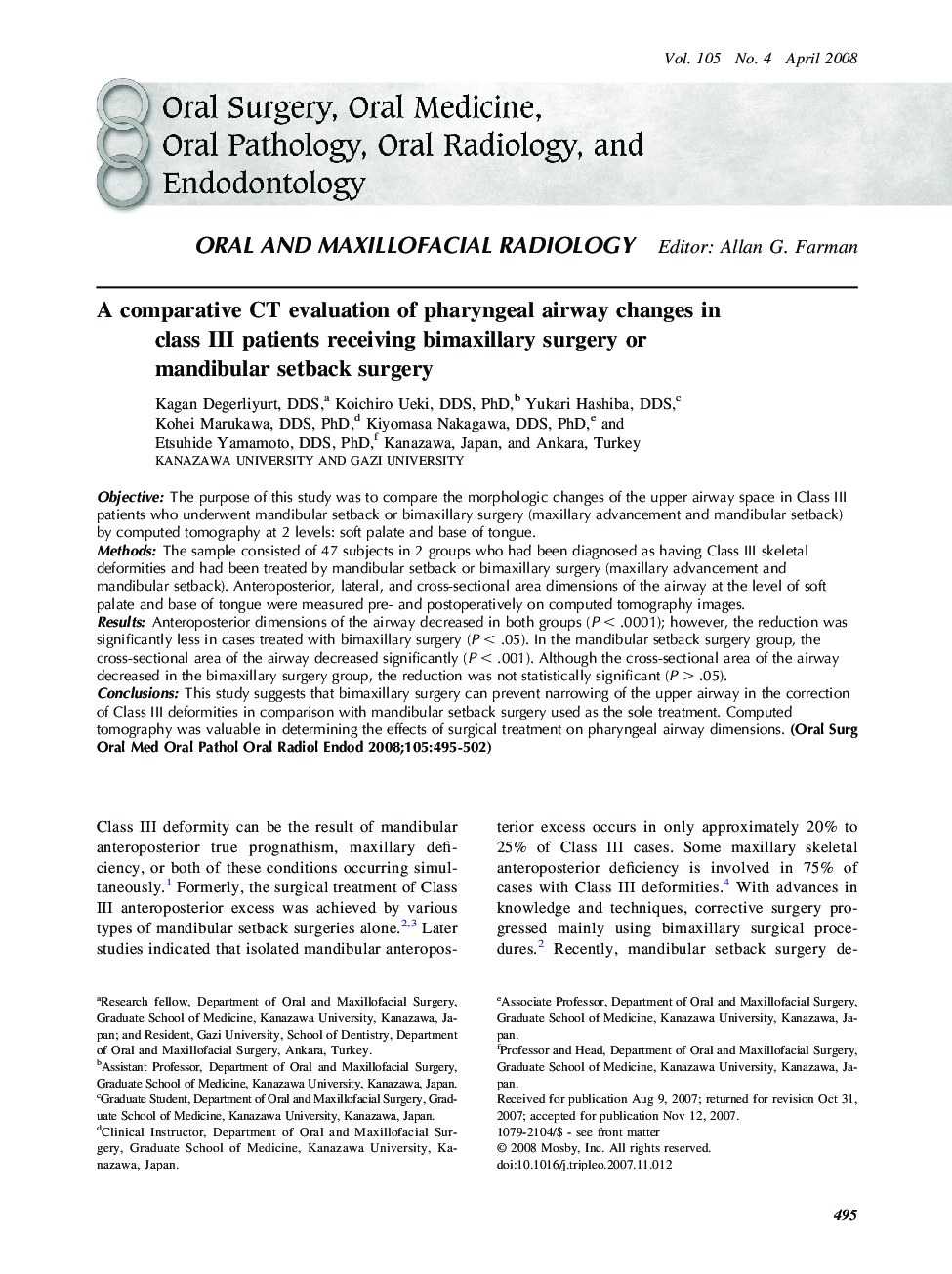 A comparative CT evaluation of pharyngeal airway changes in class III patients receiving bimaxillary surgery or mandibular setback surgery