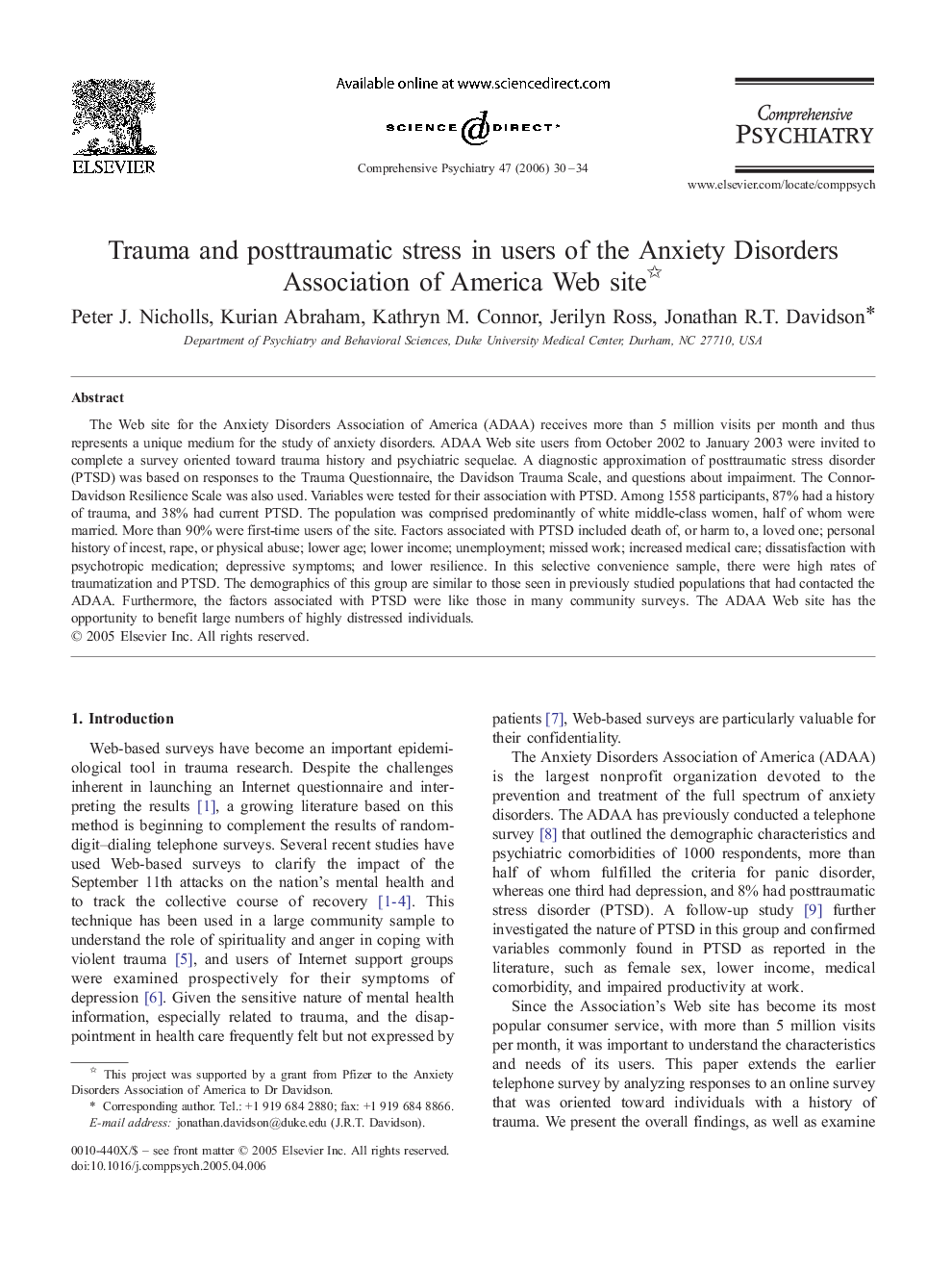 Trauma and posttraumatic stress in users of the Anxiety Disorders Association of America Web site 