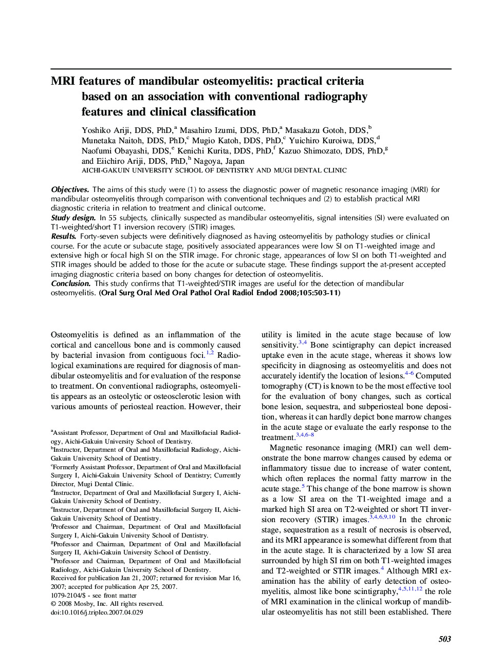 MRI features of mandibular osteomyelitis: practical criteria based on an association with conventional radiography features and clinical classification