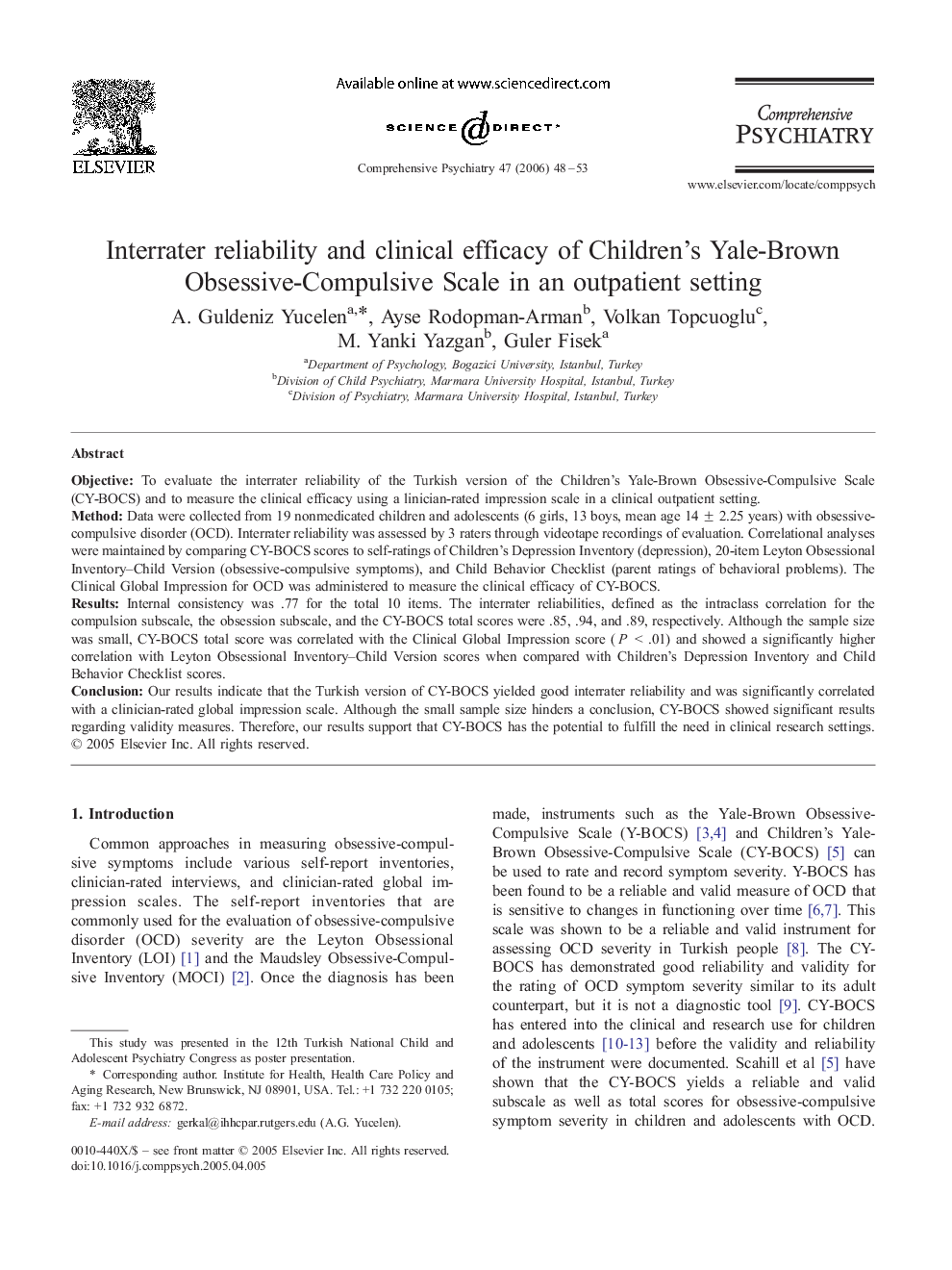 Interrater reliability and clinical efficacy of Children's Yale-Brown Obsessive-Compulsive Scale in an outpatient setting