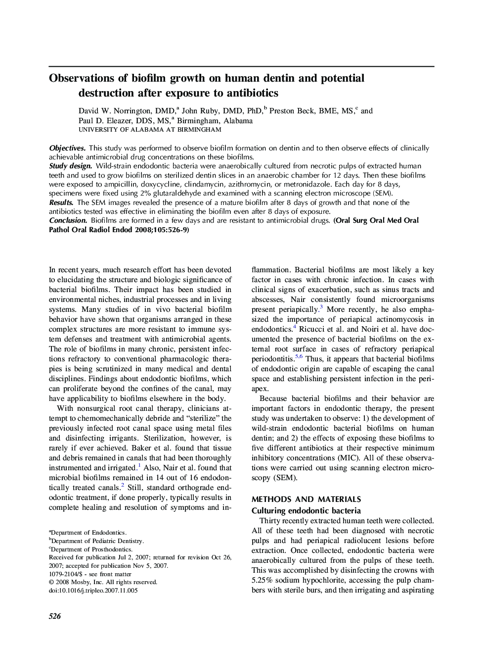 Observations of biofilm growth on human dentin and potential destruction after exposure to antibiotics