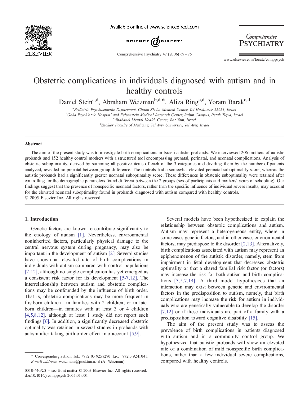 Obstetric complications in individuals diagnosed with autism and in healthy controls