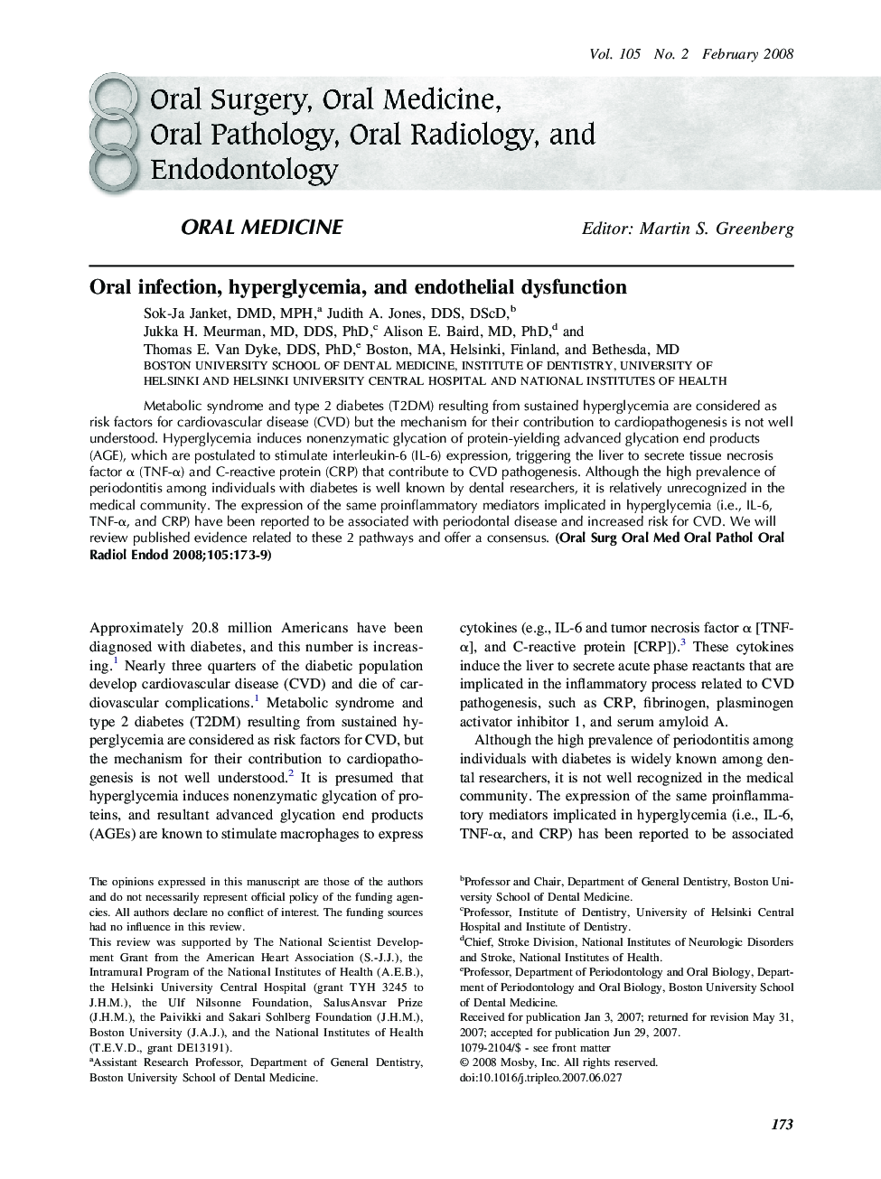 Oral infection, hyperglycemia, and endothelial dysfunction 