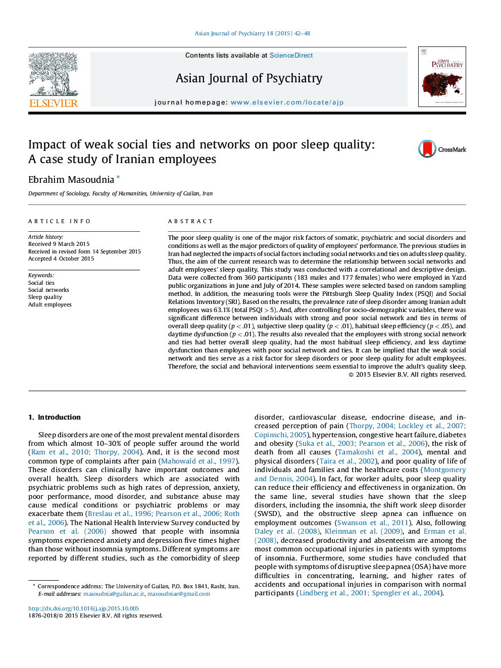 Impact of weak social ties and networks on poor sleep quality: A case study of Iranian employees