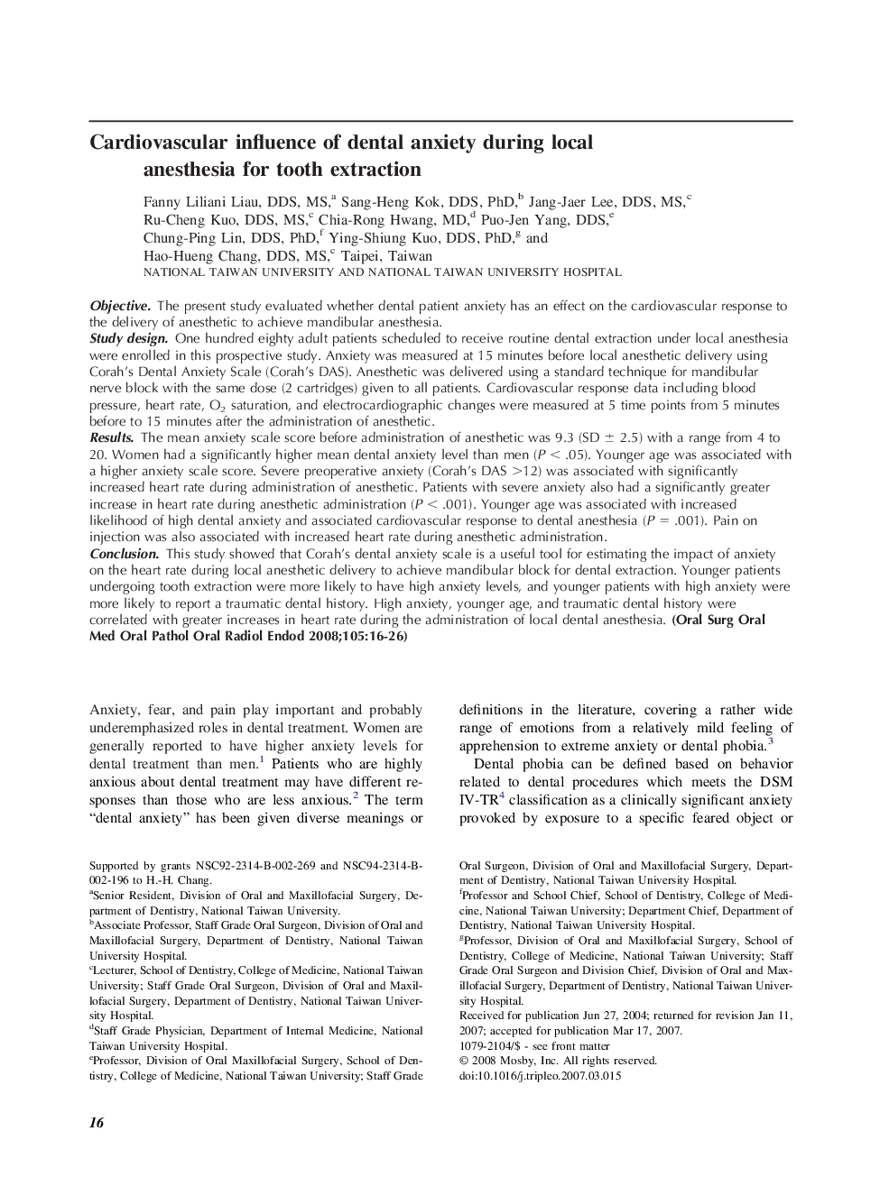 Cardiovascular influence of dental anxiety during local anesthesia for tooth extraction 