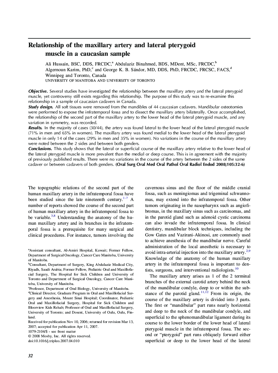 Relationship of the maxillary artery and lateral pterygoid muscle in a caucasian sample