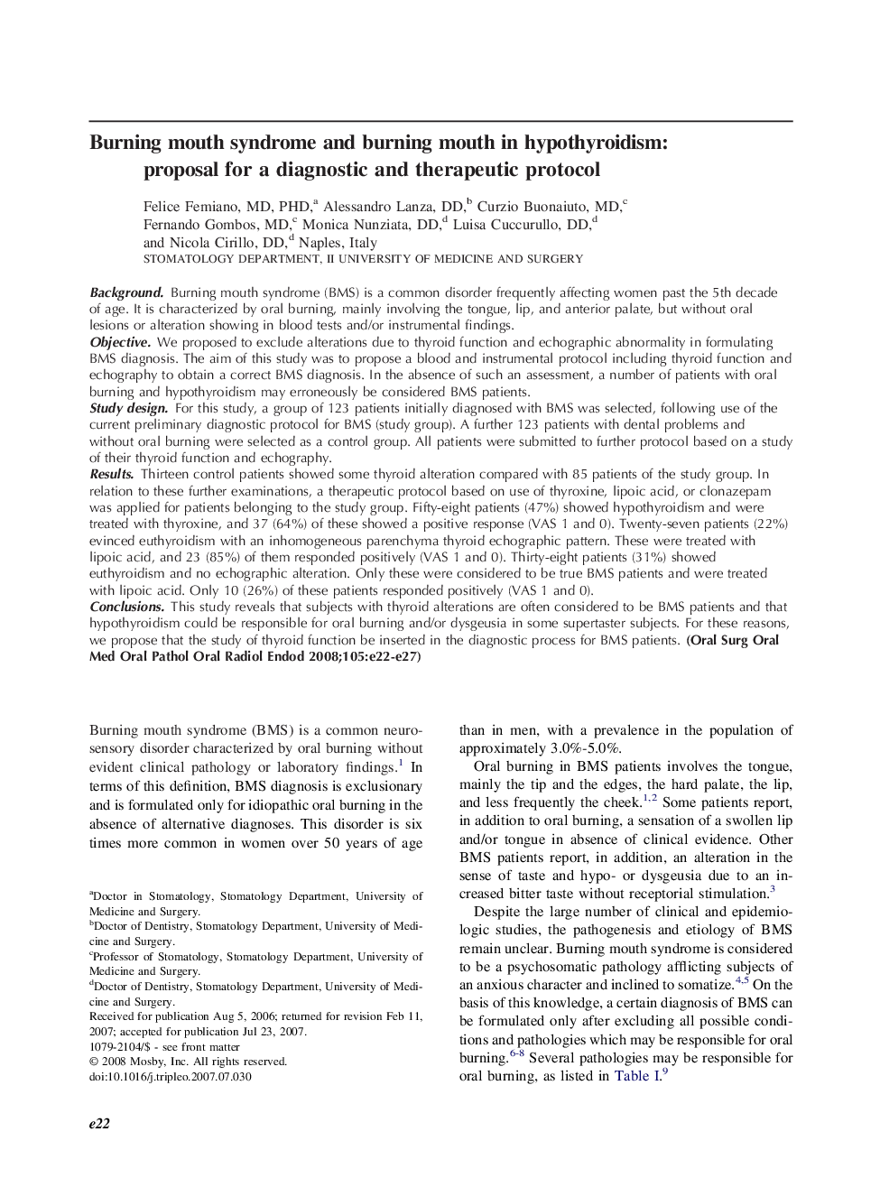 Burning mouth syndrome and burning mouth in hypothyroidism: proposal for a diagnostic and therapeutic protocol