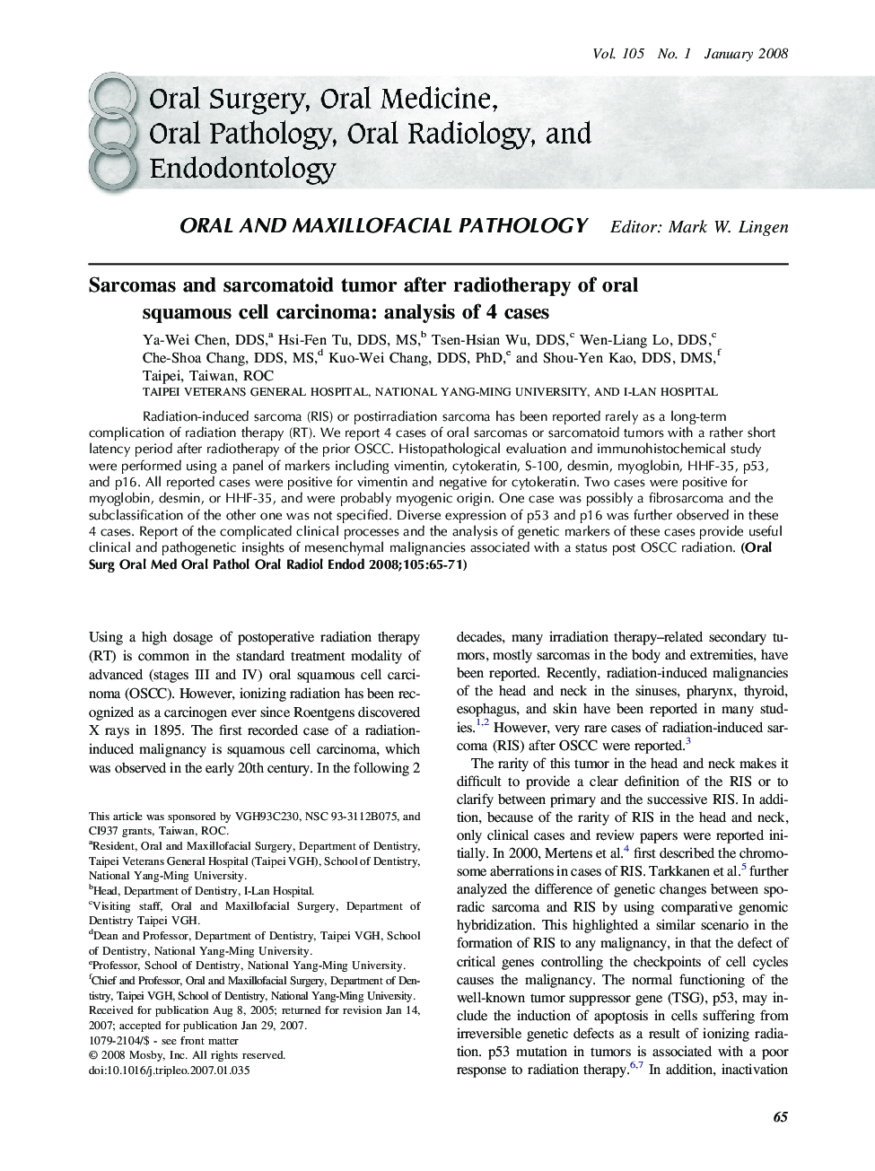 Sarcomas and sarcomatoid tumor after radiotherapy of oral squamous cell carcinoma: analysis of 4 cases