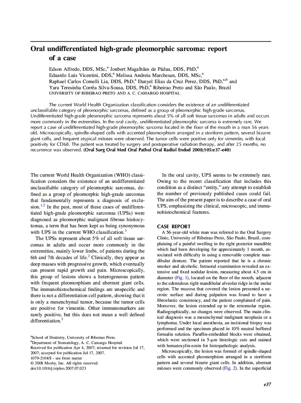 Oral undifferentiated high-grade pleomorphic sarcoma: report of a case