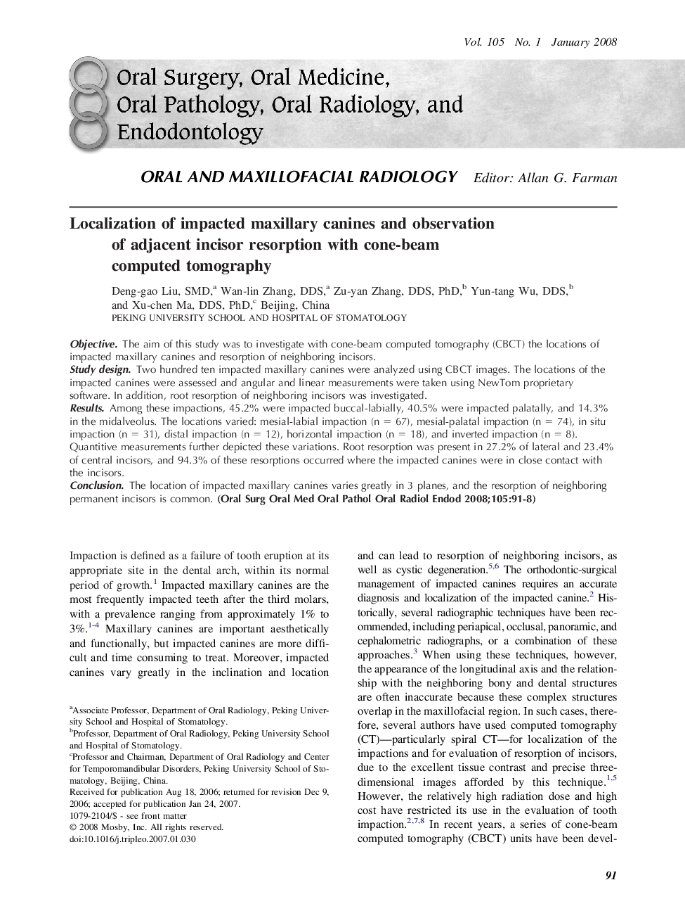 Localization of impacted maxillary canines and observation of adjacent incisor resorption with cone-beam computed tomography