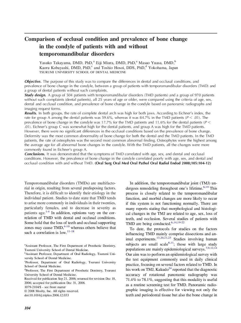 Comparison of occlusal condition and prevalence of bone change in the condyle of patients with and without temporomandibular disorders