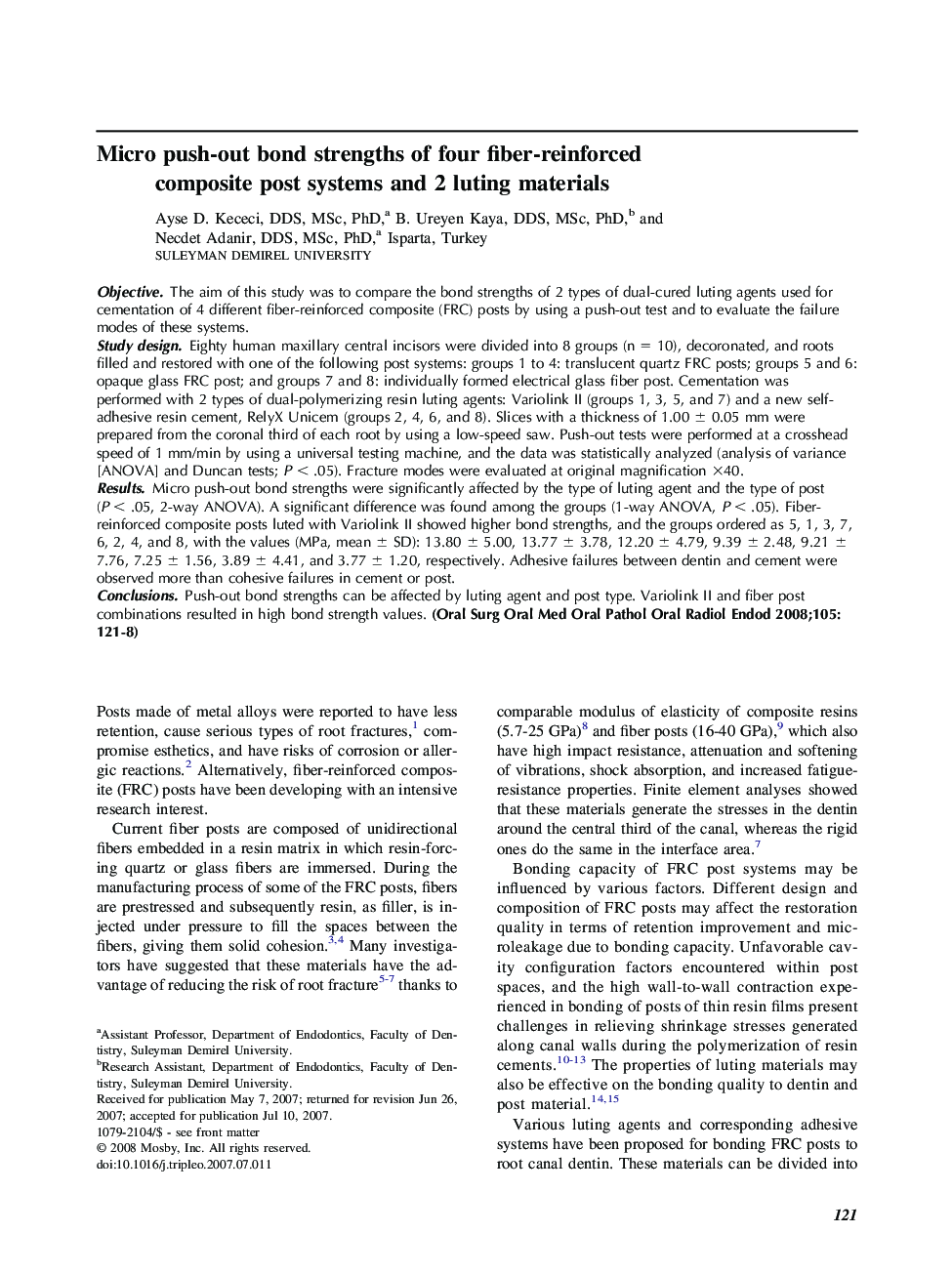 Micro push-out bond strengths of four fiber-reinforced composite post systems and 2 luting materials