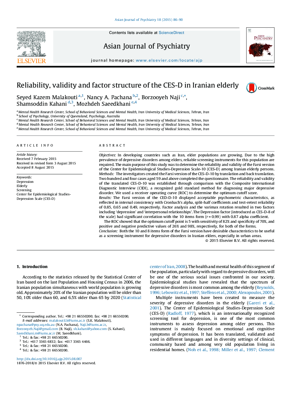 Reliability, validity and factor structure of the CES-D in Iranian elderly