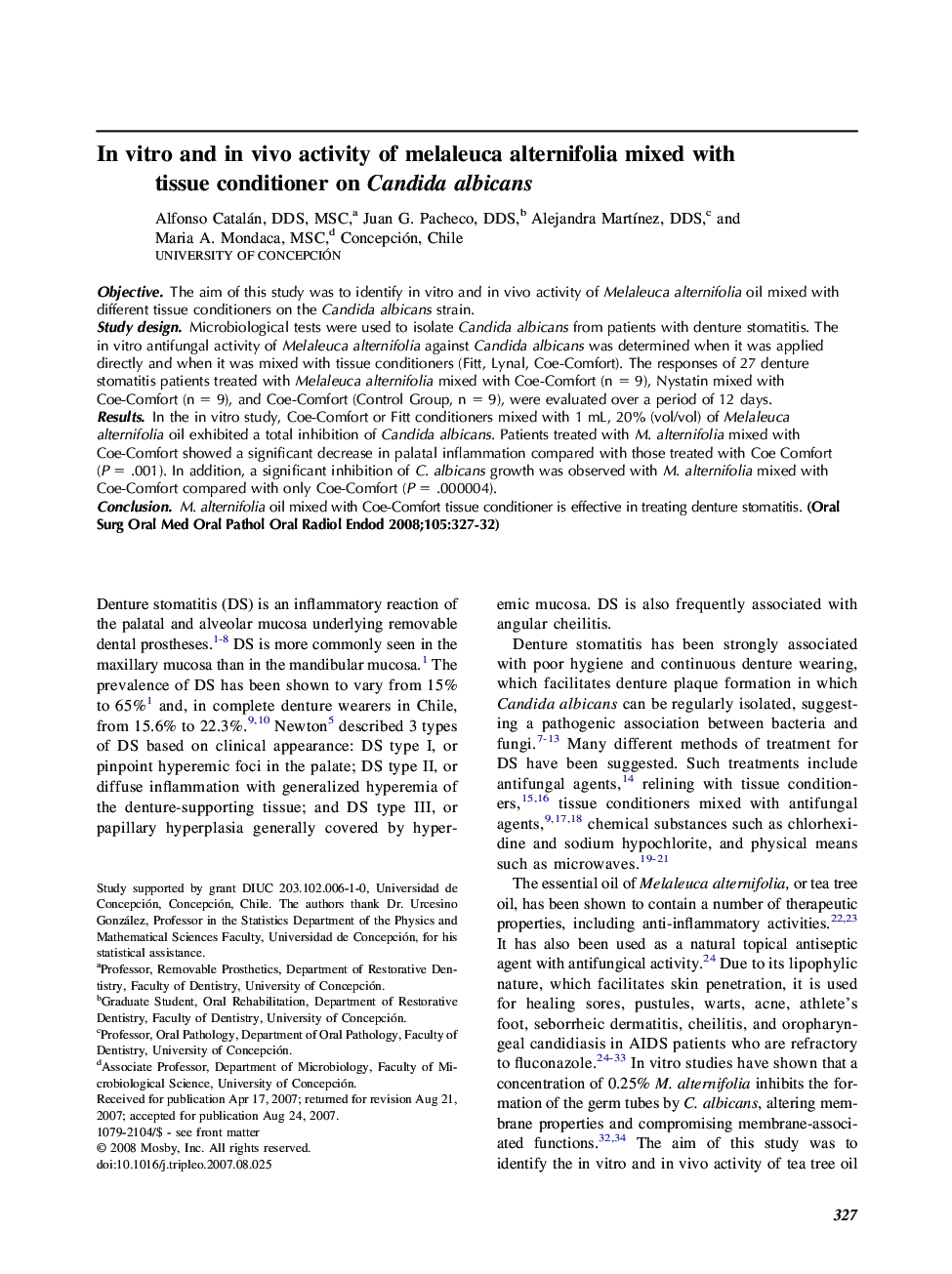 In vitro and in vivo activity of melaleuca alternifolia mixed with tissue conditioner on Candida albicans 