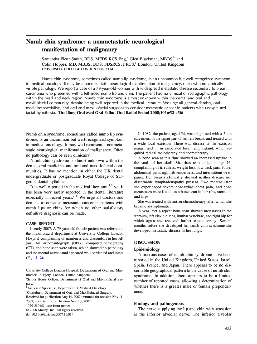 Numb chin syndrome: a nonmetastatic neurological manifestation of malignancy 