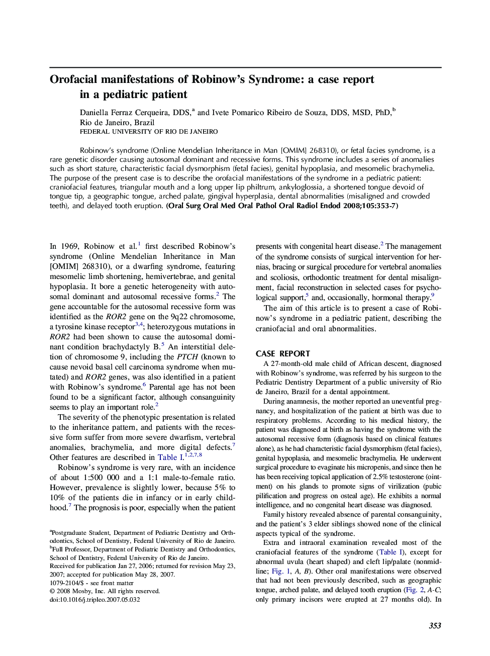 Orofacial manifestations of Robinow’s Syndrome: a case report in a pediatric patient