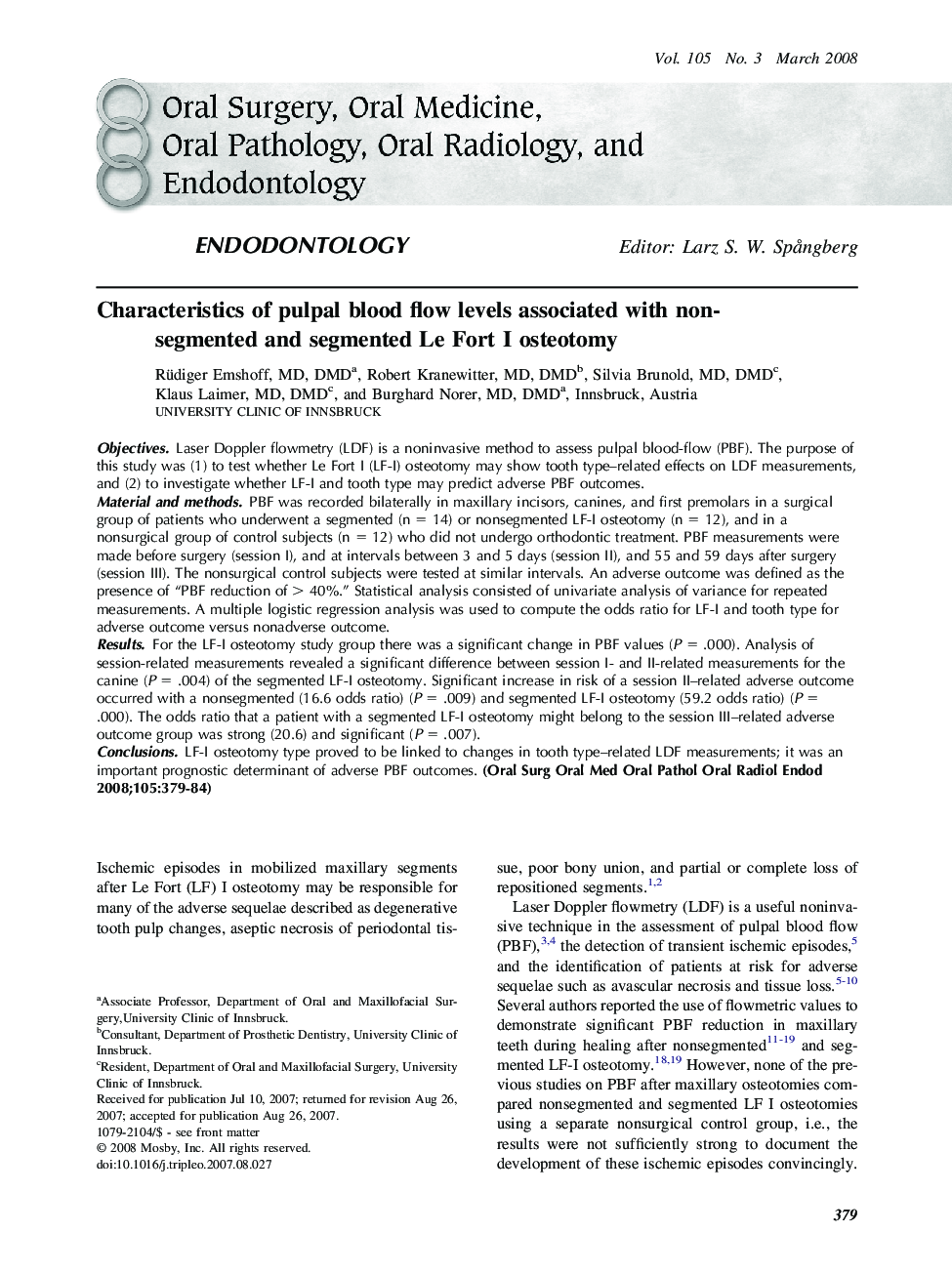 Characteristics of pulpal blood flow levels associated with non-segmented and segmented Le Fort I osteotomy