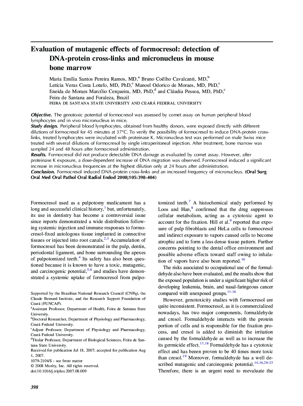 Evaluation of mutagenic effects of formocresol: detection of DNA-protein cross-links and micronucleus in mouse bone marrow 