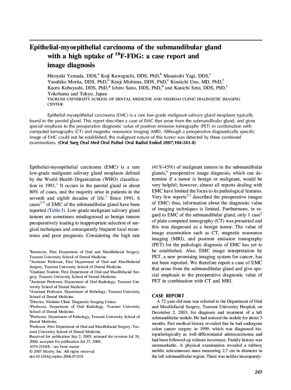 Epithelial-myoepithelial carcinoma of the submandibular gland with a high uptake of 18F-FDG: a case report and image diagnosis